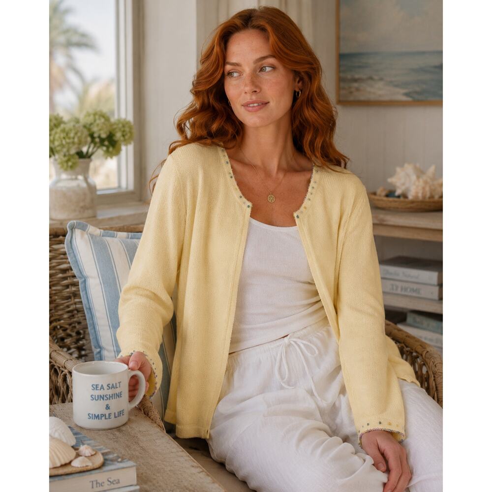 Christopher & Banks Butter Yellow Beaded Cardigan Womens Large Coastal Grandma